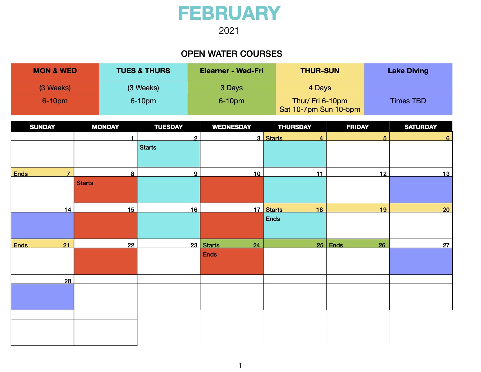 Open Water February Schedule
